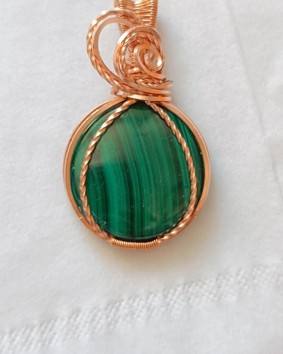 Malachite Moon, malachite pendant in copper wire