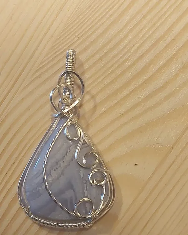 Morning Mist, blue chalcedony pendant in silver-tone wire
