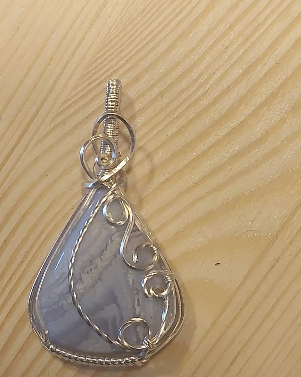 Morning Mist, blue chalcedony pendant in silver-tone wire