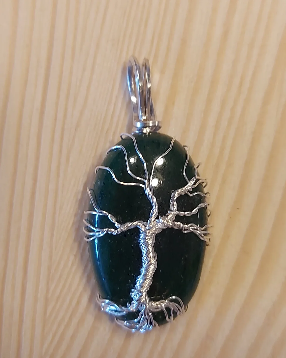 Tree of Life · Night, obsidian pendant in silver-tone wire