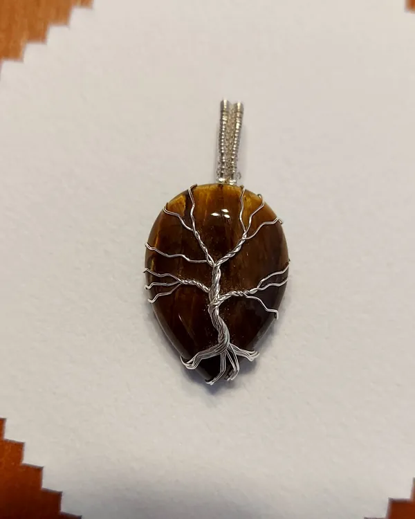 Tree of Life · Amber Glow, tiger's eye pendant in silver-tone wire
